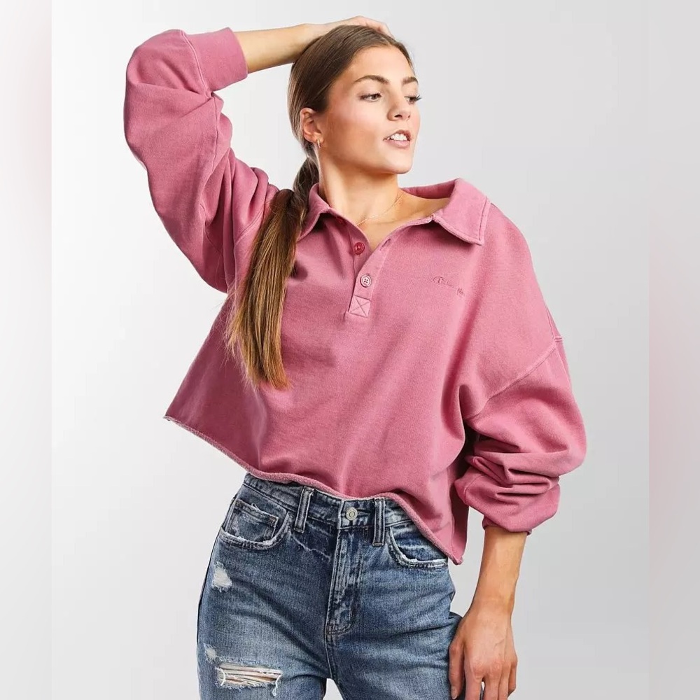 Champion Washed Henley Pullover Vintage Pink Terracotta Cropped M